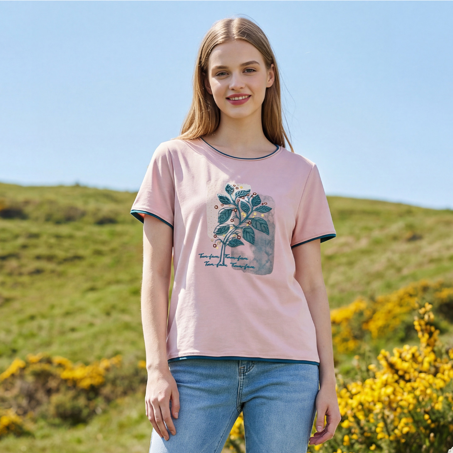 马天奴2025春夏新款纯色刺绣莫代尔棉T恤圆领短袖上衣弹力休闲女