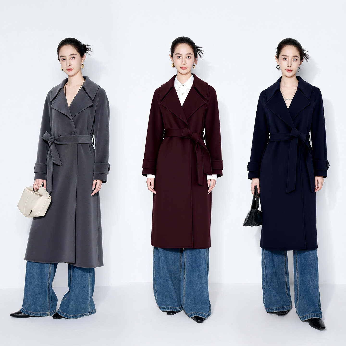 马天奴2025新款绵羊毛混山羊绒呢大衣翻领长款外套收腰带气质时尚 - 图0