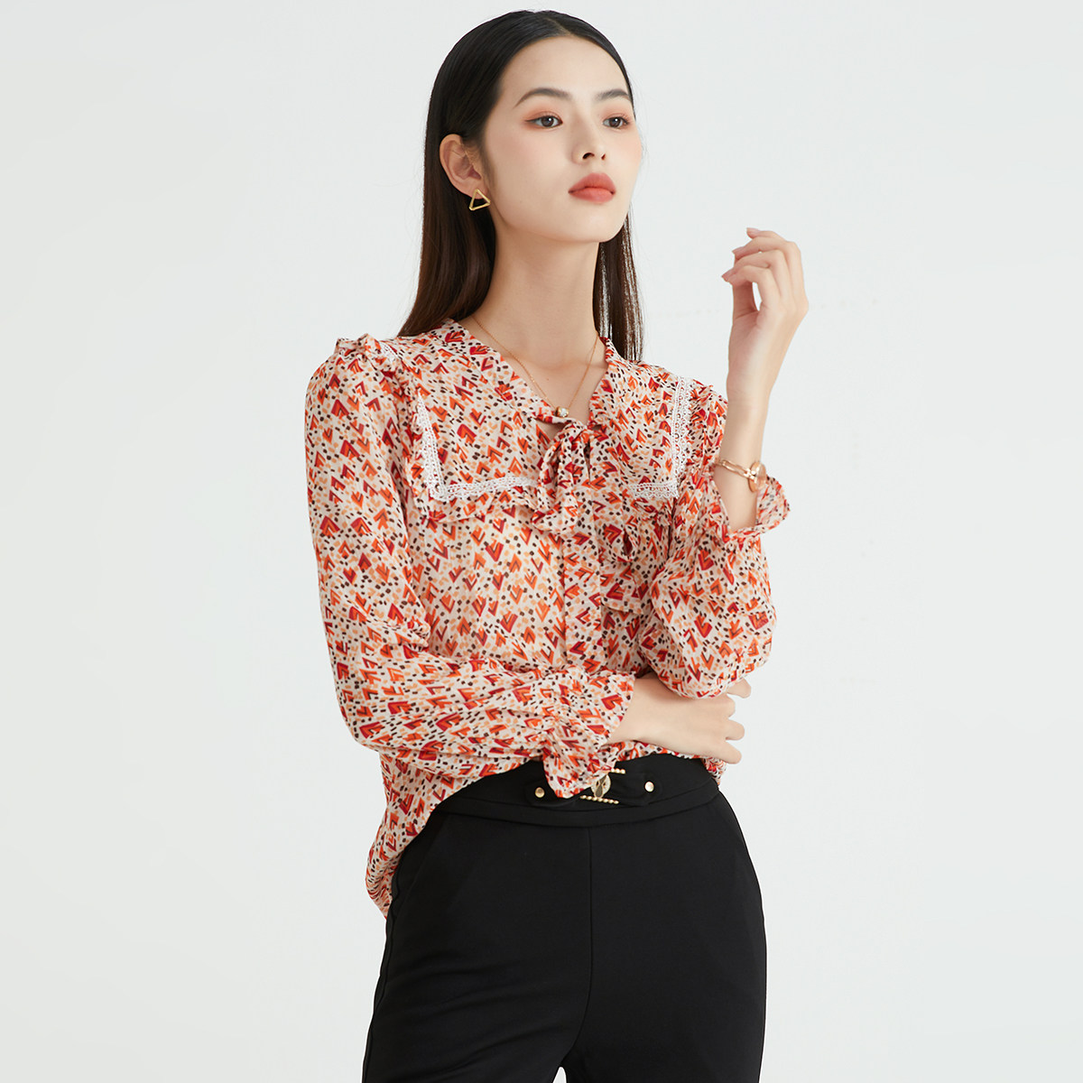 马天奴橙红色印花雪纺衬衫长袖衬衣系带领气质花边上衣春夏新款女,淘宝优惠券,粉丝福利购,淘宝优惠卷