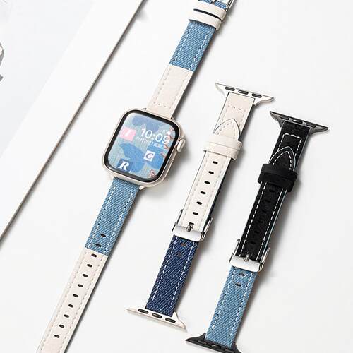 适用iwatch11苹果S11手表牛仔表带S9真皮applewatch9可爱S10夏天SE3高级感S8复古新款S6女款小众10代创意智能 - 图0