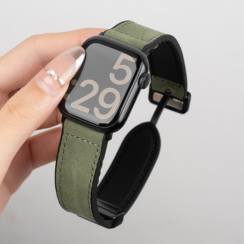 适用iWatch11苹果手表S10表带applewatch8新款3疯马纹高级真皮S11春夏S9磁吸闪扣金属S6运动7SE女6男Ultra2 - 图0