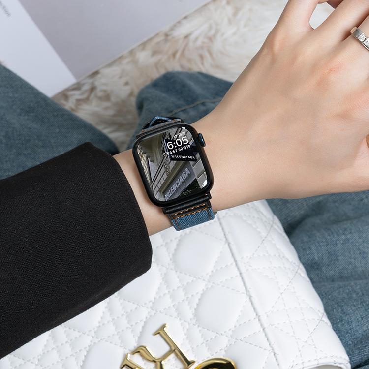 适用iwatch8苹果S9手表牛仔表带S8皮质applewatch9可爱夏天SE高级感S7复古S10新款S6女款小众5代创意10智能潮
