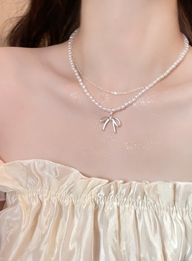 双层蝴蝶结珍珠项链轻奢颈链配饰