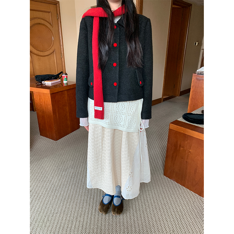 MOWENTI文文婷 黑色毛呢外套女2024冬款气质百搭显瘦短款外套 - 图0