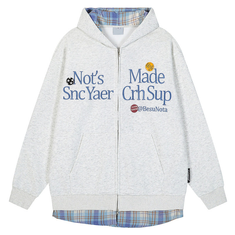 衣品国潮牌假两件格子刺绣双拉链卫衣男春秋美式高街徽章情侣 - 图3