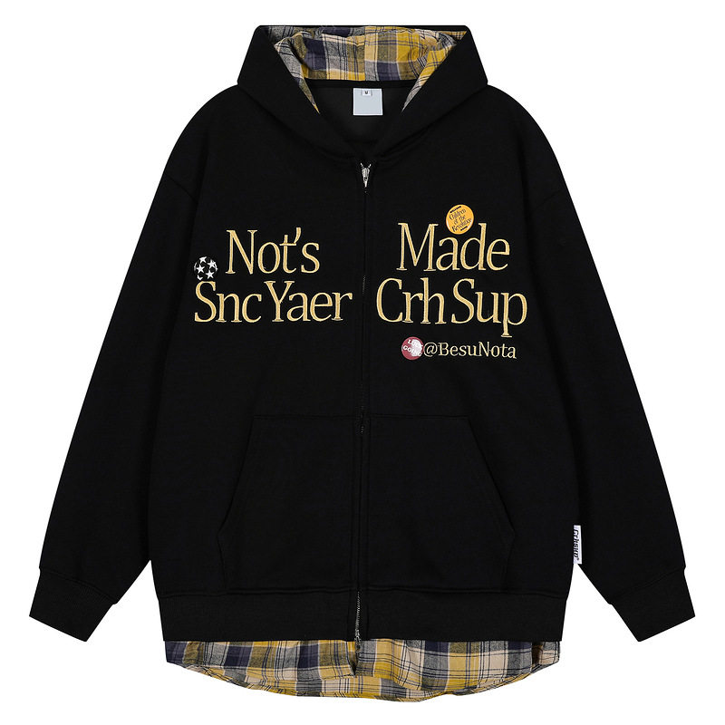 衣品国潮牌假两件格子刺绣双拉链卫衣男春秋美式高街徽章情侣 - 图0