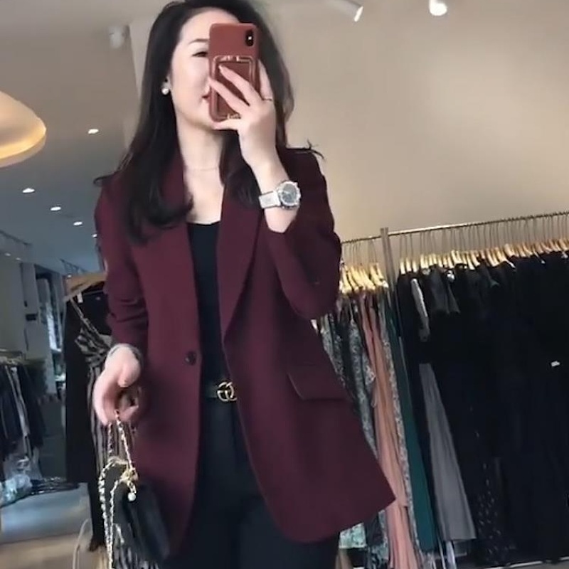 酒红色西装外套女春秋2024新款高级感小个子职业西服休闲大码上衣