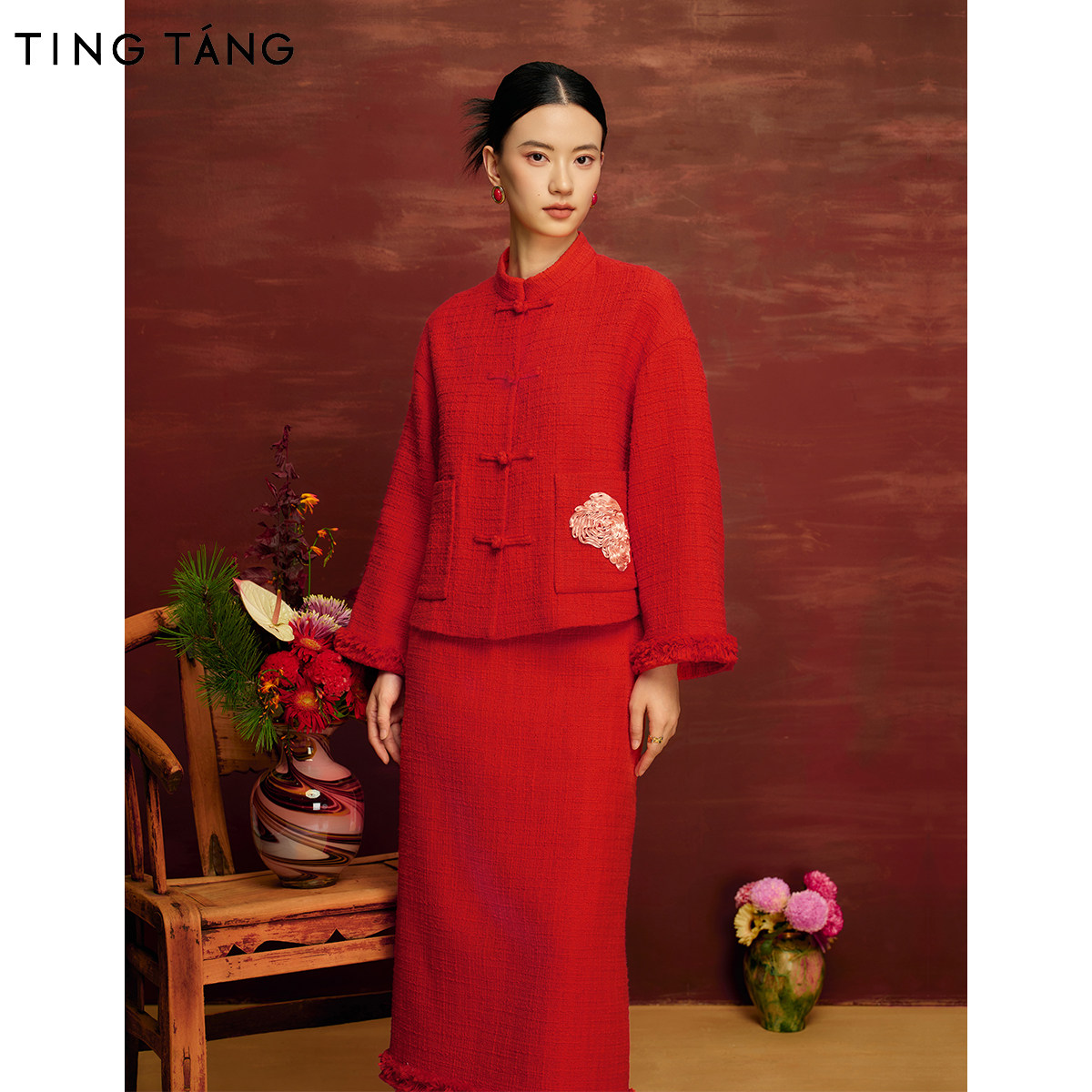 厅唐TINGTANG红色新中式套装女喜嫁国风盘扣长袖外套半身裙两件套,淘宝优惠券,粉丝福利购,淘宝优惠卷