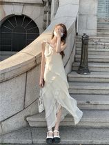 Designers section 2022 Real flawless Fairy Qi Lotus Leaf Side Length Dress Pure Desire Sexy V Collar Open Fork Harness Tide Card