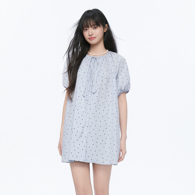 Pink ers joint style summer fresh polka dot puff sleeve shirt loose casual mid-length babydoll shirt