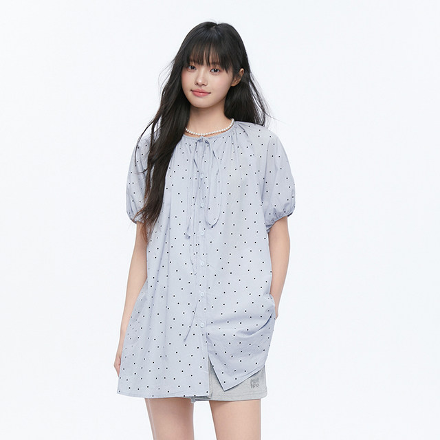 Pink ers joint style summer fresh polka dot puff sleeve shirt loose casual mid-length babydoll shirt