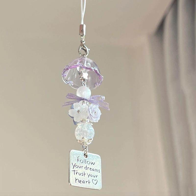 新中式手机链配件独特好看的手机链紫色精灵水母风铃挂件手作ins风铃串珠耳机手机链咕本挂件挂饰,淘宝优惠券,粉丝福利购,淘宝优惠卷