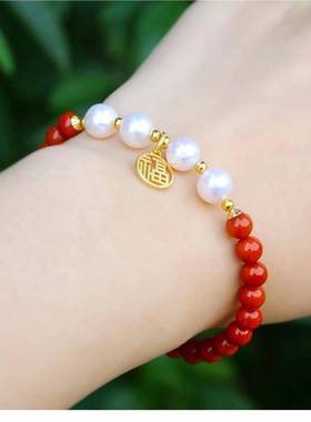 天然南红原矿朱砂淡水S925银福字好运手链 新年礼物手串
