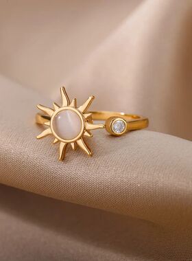 Rotating Sun Opal Ring For Women Stainless Steel Retro