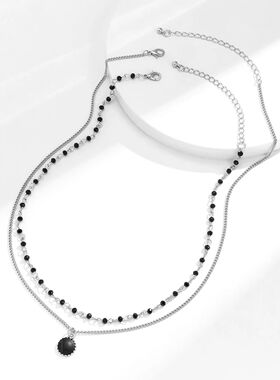 Layered Small Beads Chain with Black Coin Pendant Necklace