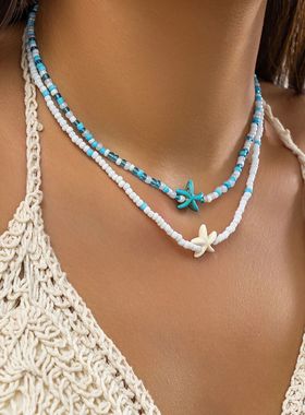 Bohemian Mixed Color Rice Beads Starfish Pendant Necklace
