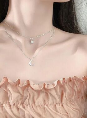 Silver Necklace for Women Double Layer Zircon Star Moon