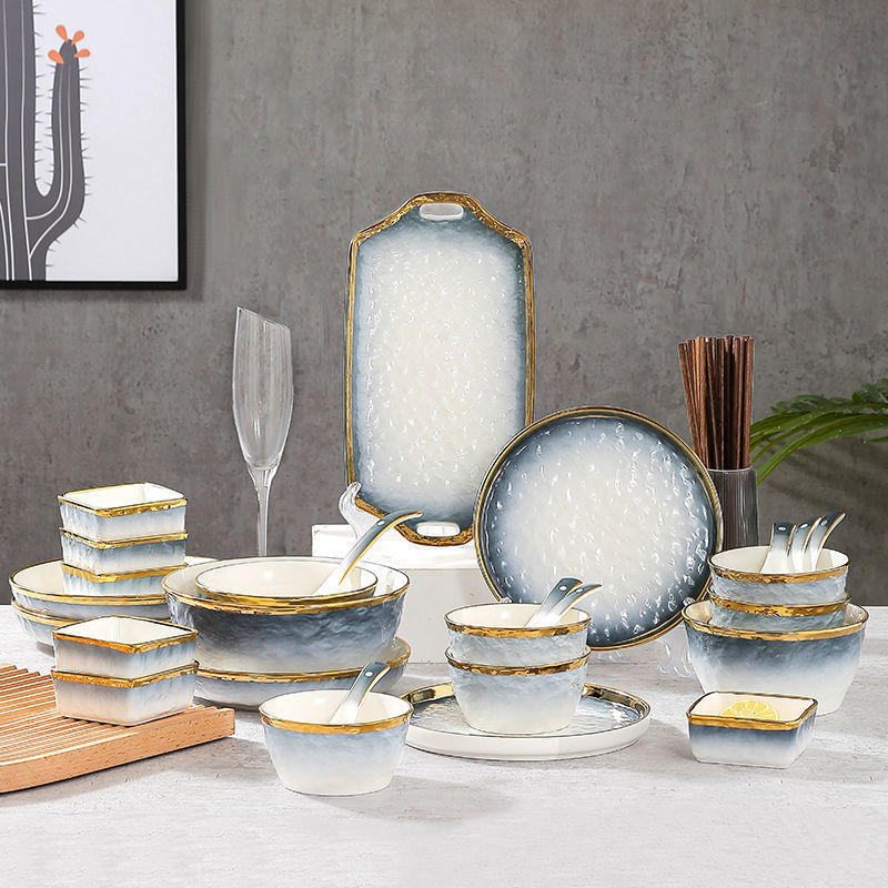 碗碟盘套装家用祖母绿碗筷盘子组合轻奢金边欧式陶瓷餐具套装 - 图1