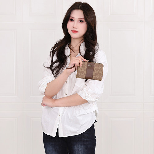 【正品保证】COACH/蔻驰女包Corner Zip20深棕色老花手拿钱包卡包 - 图1