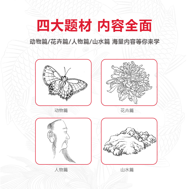 沐尚正版国画白描描摹本4本合集花卉植物人物山水禽鸟动物工笔画套装零基础入门篇临摹底稿手绘画美术画册写意中国画教材送赠品-图1