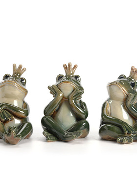 陶瓷珍藏版创意陶瓷工艺品新中式装饰家居摆件皇冠青蛙三套组