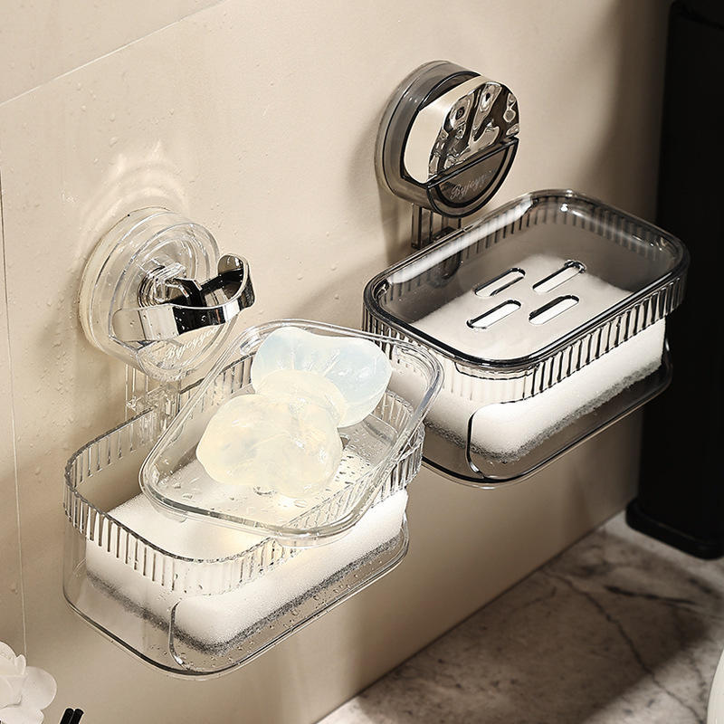 肥皂盒壁挂式免打孔吸盘家用轻奢高档卫生间双层香皂盒沥水置物架-图0