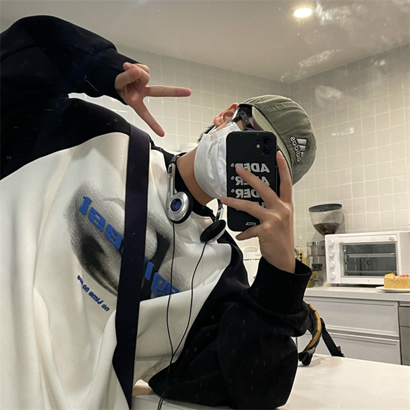 美式复古虚影印花字母卫衣男拼接长袖潮圆领宽松套头休闲连肩上衣 - 图0