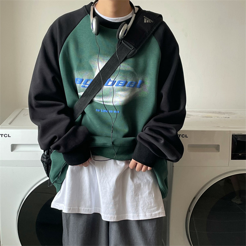 美式复古虚影印花字母卫衣男拼接长袖潮圆领宽松套头休闲连肩上衣 - 图2