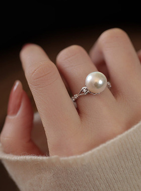 s925银天然淡水珍珠戒指女小众轻奢高级感不掉色可调节开口食指