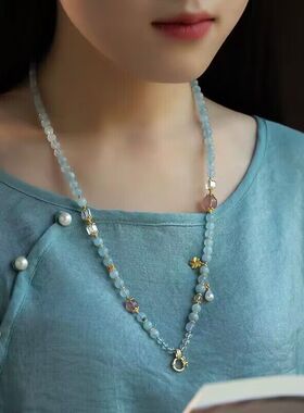 天然海蓝宝珠链挂绳挂脖女毛衣链玉髓项链绳子万能扣卡扣吊坠绳