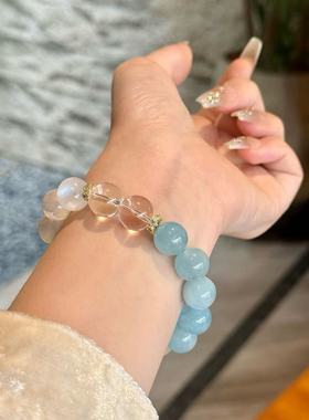 天然水晶手链海蓝宝蓝月光金发晶招财桃花防水逆净化磁场手串礼物