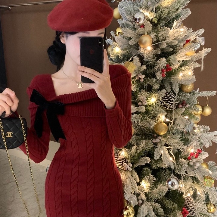 韩国小个子圣诞新年红色战袍OL高级感蝴蝶结针织毛衣连衣裙女秋冬,淘宝优惠券,粉丝福利购,淘宝优惠卷