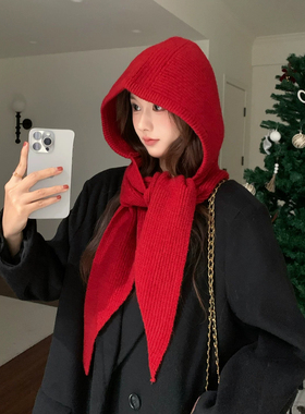 含羊毛红色帽子女款2026围巾一体