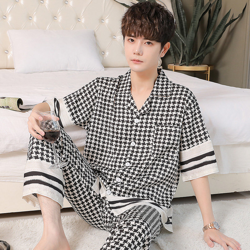 夏季新款男士冰丝短袖长裤丝绸睡衣 古蓝儿睡衣/家居服套装