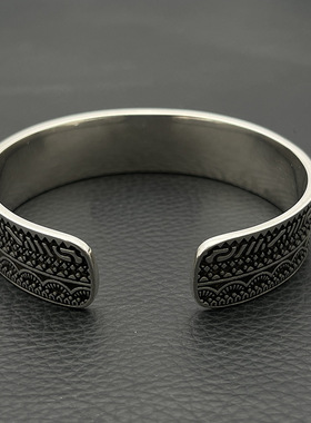 s925纯银高级感复古玛雅图腾宽版手镯男小众做旧嘻哈风气质经典款