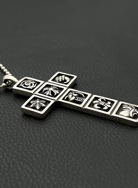 s925纯银高级感复古七元素十字架项链中号欧美嘻哈个性吊坠经典款