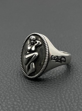 s925纯银高级感复古ERD忧郁的富二代美女人像浮雕戒指男印章指环