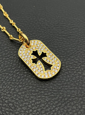 925纯银高级感22k金色满钻军牌项链男女欧美十字架铭牌吊坠经典款