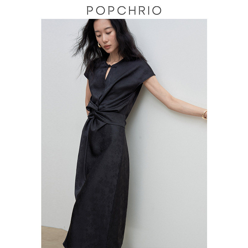 POPCHRIO欧可芮◆别致国风提花扭结短袖连衣裙新中式盘扣长裙女夏,淘宝优惠券,粉丝福利购,淘宝优惠卷