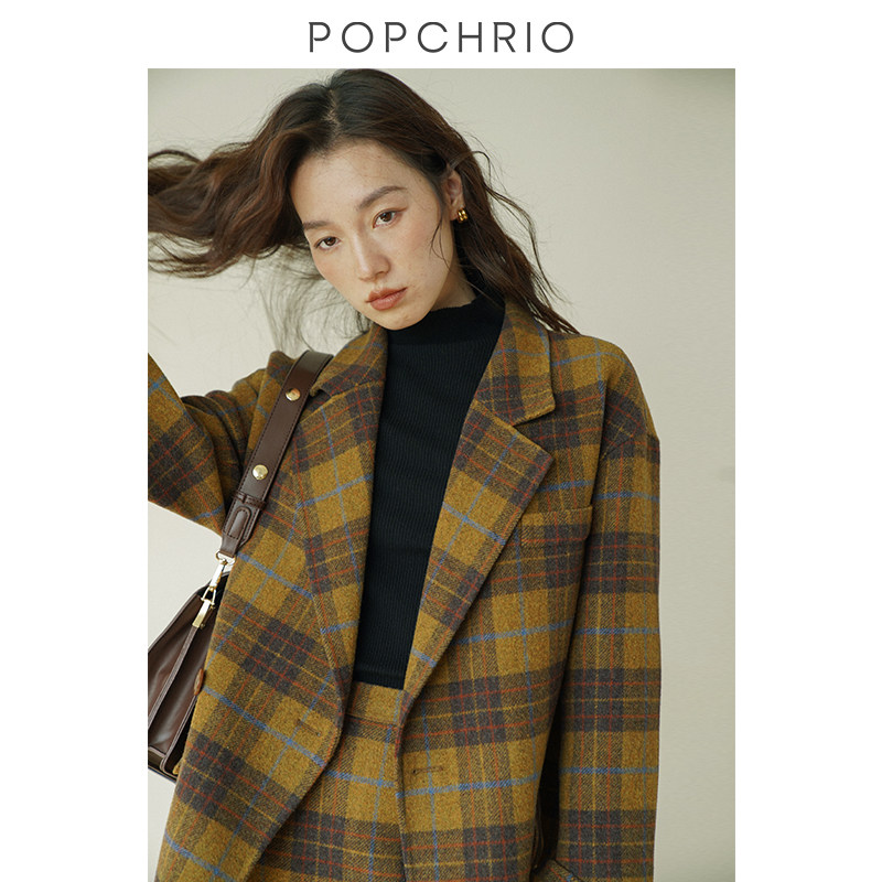 【到手599元】复古法式羊毛格子双面毛呢微阔宽松西装外套通勤女,淘宝优惠券,粉丝福利购,淘宝优惠卷