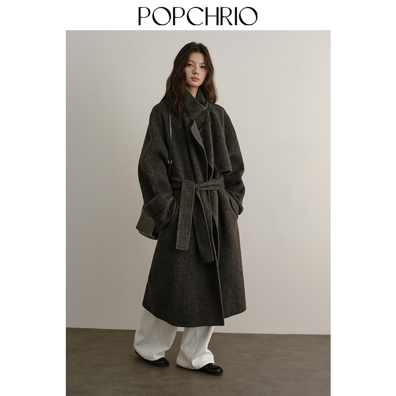 POPCHRIO欧可芮◆100绵羊毛立领风衣型双面呢大衣保暖毛呢外套女,淘宝优惠券,粉丝福利购,淘宝优惠卷