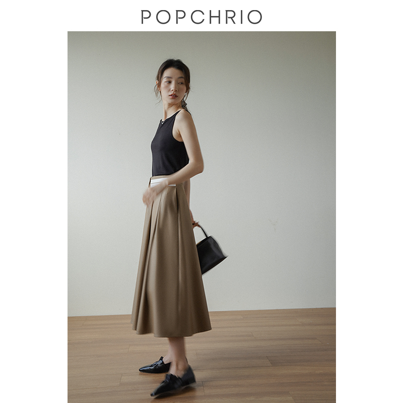 【到手259元】时装感撞色大摆裙a字半身裙高腰长款西装黑色伞裙子 - 图2