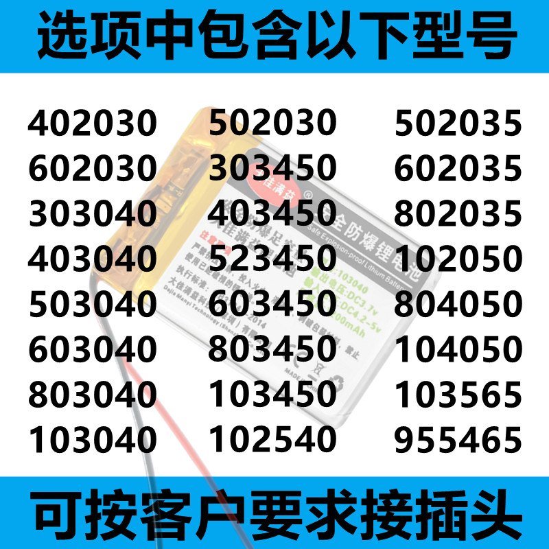 103040锂电3.7v锂电池5v蓝牙音箱电池头灯充电音响1000毫安803040-图0