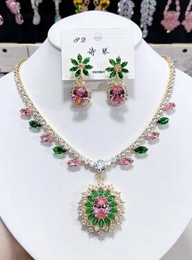 跨境套装 欧美风新款时尚潮流淡绿色圆圈项链耳环花朵气质锁骨链