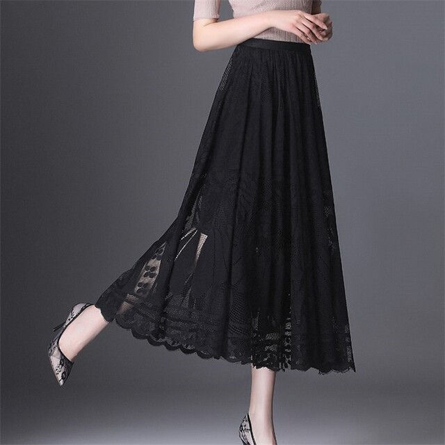 Lace skirt for women 2025 spring and autumn popular versatile a-line mid-length skirt with large hem mesh hollow fairy pleated skirt