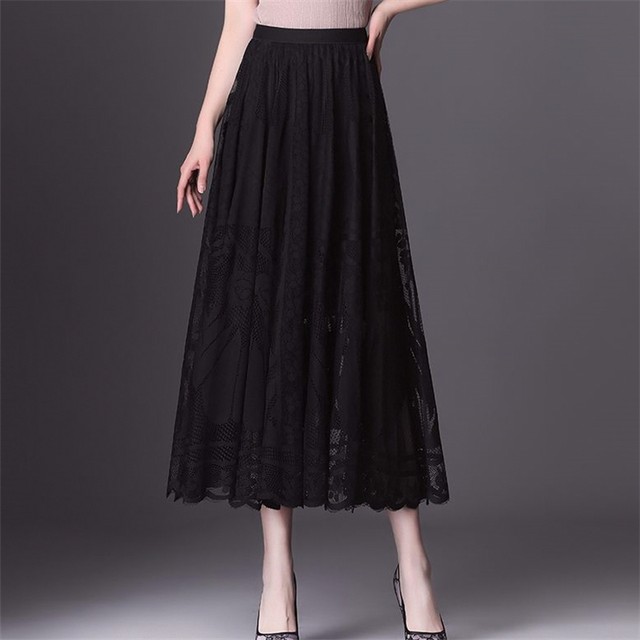Lace skirt for women 2025 spring and autumn popular versatile a-line mid-length skirt with large hem mesh hollow fairy pleated skirt