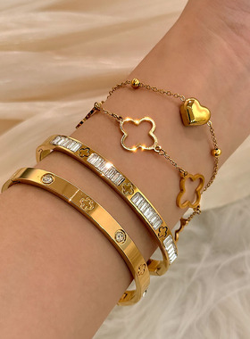 跨境不锈钢金色手镯套装镶钻四叶草手镯四叶草手链gold bangles
