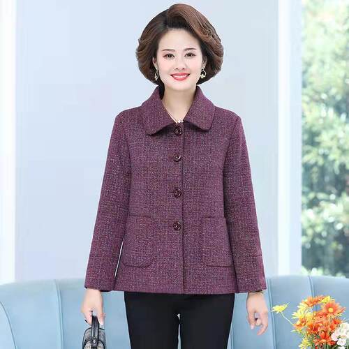 妈妈春秋装外套中老年人女装长袖短款夹克2022纽扣新款秋冬大码上 - 图1
