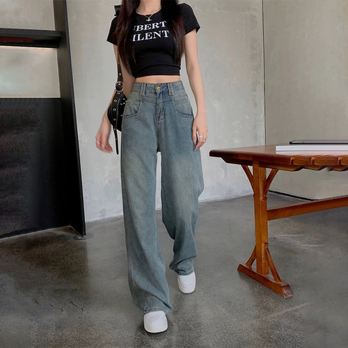 300斤大码怀旧蓝阔腿牛仔裤女春秋新款高腰显瘦直筒垂感拖地裤子2 - 图0