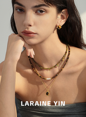 欧美小众设计虎眼石串珠项链秋冬新款叠戴锁骨链美拉德串珠颈链